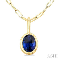 6x4 MM Bezel Set Oval Cut Sapphire Precious Fashion Pendant With Paperclip Chain in 10K Yellow Gold