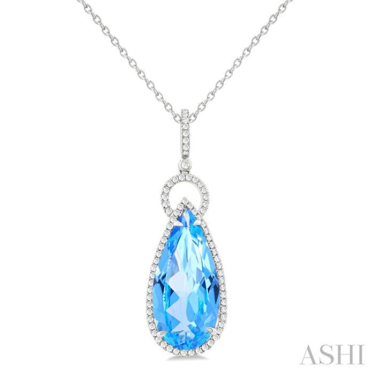 22X10 MM Pear Cut Blue Topaz and 1/3 Ctw Round Cut Diamond Halo Semi-Precious Pendant With Chain in 14K White Gold