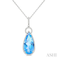 22X10 MM Pear Cut Blue Topaz and 1/3 Ctw Round Cut Diamond Halo Semi-Precious Pendant With Chain in 14K White Gold