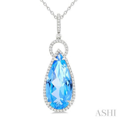 22X10 MM Pear Cut Blue Topaz and 1/3 Ctw Round Cut Diamond Halo Semi-Precious Pendant With Chain in 14K White Gold