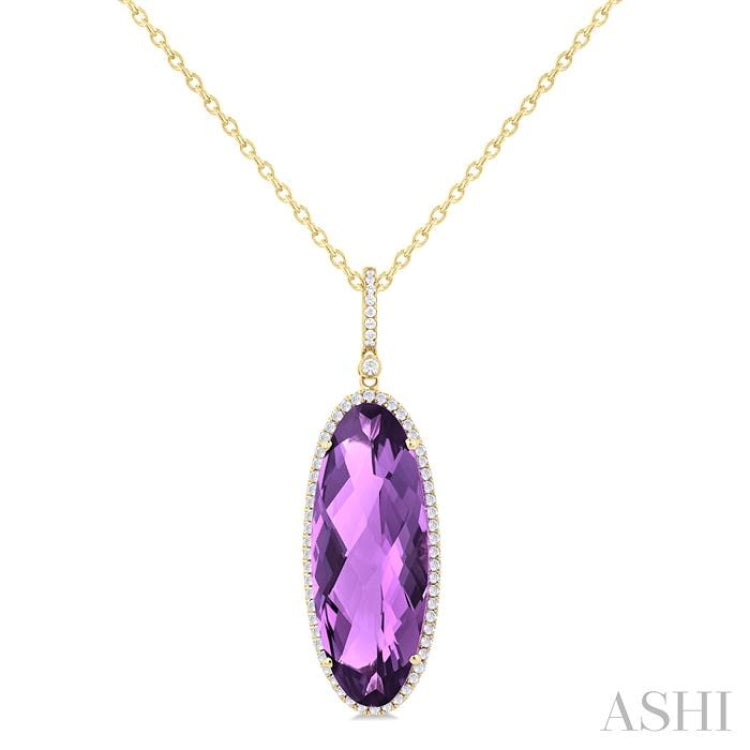 26x10 MM Oval Cut Amethyst and 1/3 Ctw Round Cut Diamond Semi-Precious Pendant With Chain in 14K Yellow Gold