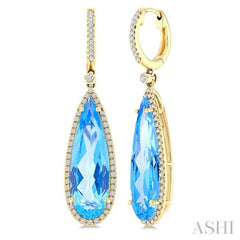 23x7 MM Pear Shape Blue Topaz and 3/8 Ctw Round Cut Diamond Halo Semi-Precious Earrings in 14K Yellow Gold