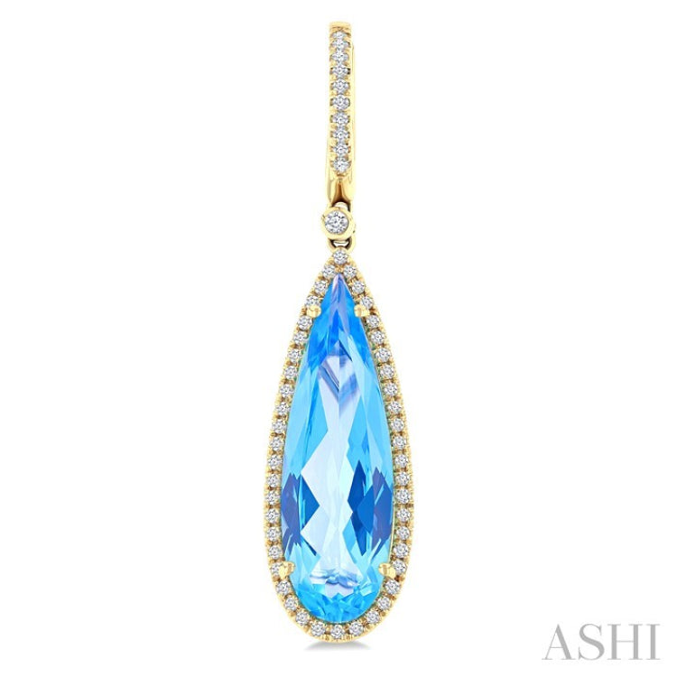 23x7 MM Pear Shape Blue Topaz and 3/8 Ctw Round Cut Diamond Halo Semi-Precious Earrings in 14K Yellow Gold