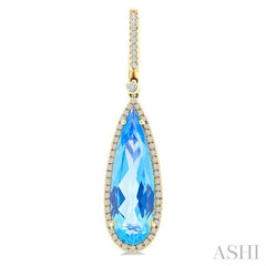23x7 MM Pear Shape Blue Topaz and 3/8 Ctw Round Cut Diamond Halo Semi-Precious Earrings in 14K Yellow Gold