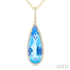 26x9 MM Pear Cut Blue Topaz and 1/4 Ctw Round Cut Diamond Halo Semi-Precious Pendant With Chain in 14K Yellow Gold