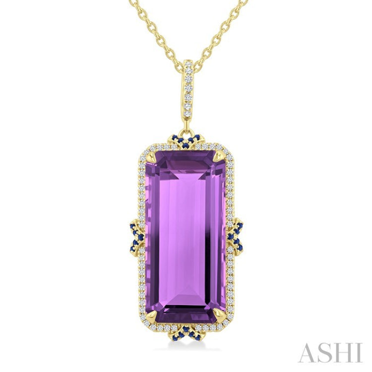 22x10 MM Emerald Cut Amethyst and .80 MM Sapphire & 1/5 Ctw Round Cut Diamond Halo Precious & Semi-Precious Pendant With Chain in 14K Yellow Gold