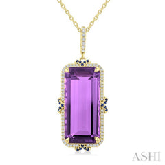 22x10 MM Emerald Cut Amethyst and .80 MM Sapphire & 1/5 Ctw Round Cut Diamond Halo Precious & Semi-Precious Pendant With Chain in 14K Yellow Gold