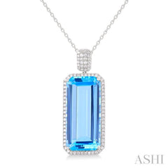 26X12 MM Emerald Cut Blue Topaz and 1/2 Ctw Round Cut Diamond Halo Semi-Precious Pendant With Chain in 14K White Gold