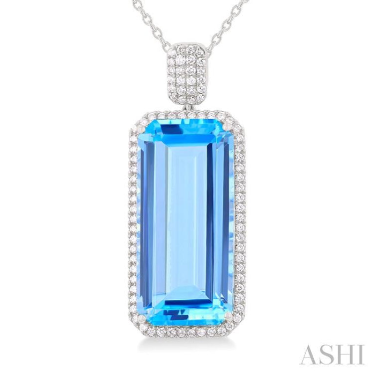 26X12 MM Emerald Cut Blue Topaz and 1/2 Ctw Round Cut Diamond Halo Semi-Precious Pendant With Chain in 14K White Gold