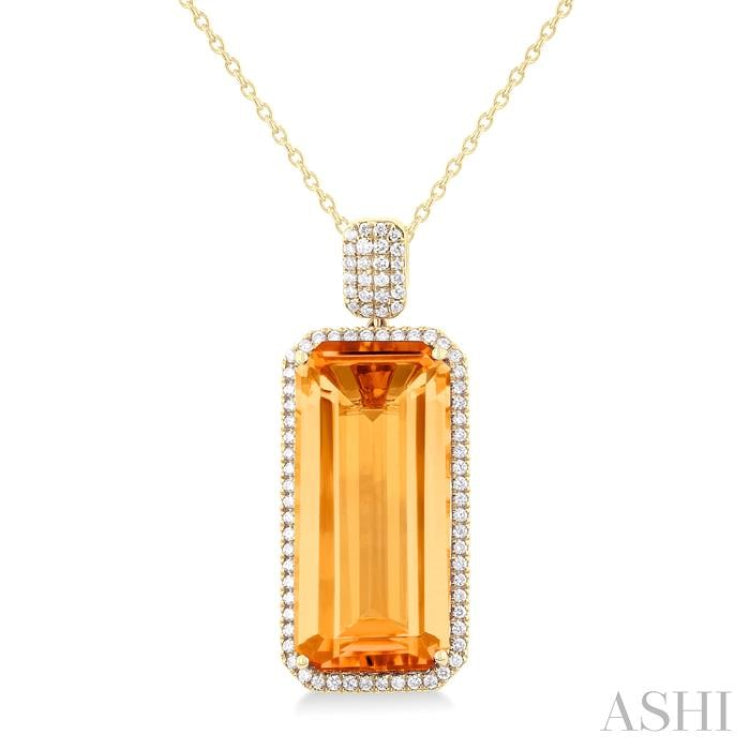 26X12 MM Emerald Cut Citrine and 1/2 Ctw Round Cut Diamond Halo Semi-Precious Pendant With Chain in 14K Yellow Gold