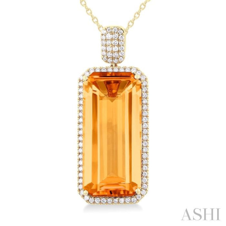 26X12 MM Emerald Cut Citrine and 1/2 Ctw Round Cut Diamond Halo Semi-Precious Pendant With Chain in 14K Yellow Gold