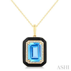 14x10 MM Emerald Cut Blue Topaz and 1/5 Ctw Round Cut Diamond Halo & Black Enamel Border Semi-Precious Pendant With Chain in 14K Yellow Gold