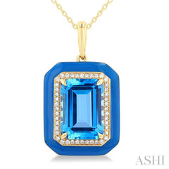 14x10 MM Emerald Cut Blue Topaz and 1/5 Ctw Round Cut Diamond Halo & Blue Enamel Border Semi-Precious Pendant With Chain in 14K Yellow Gold