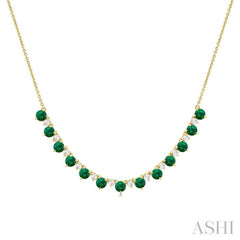 3.5 MM Round Shape Emerald and 1/2 Ctw Round Cut Diamond Precious Tennis Necklace in 14K Yellow Gold