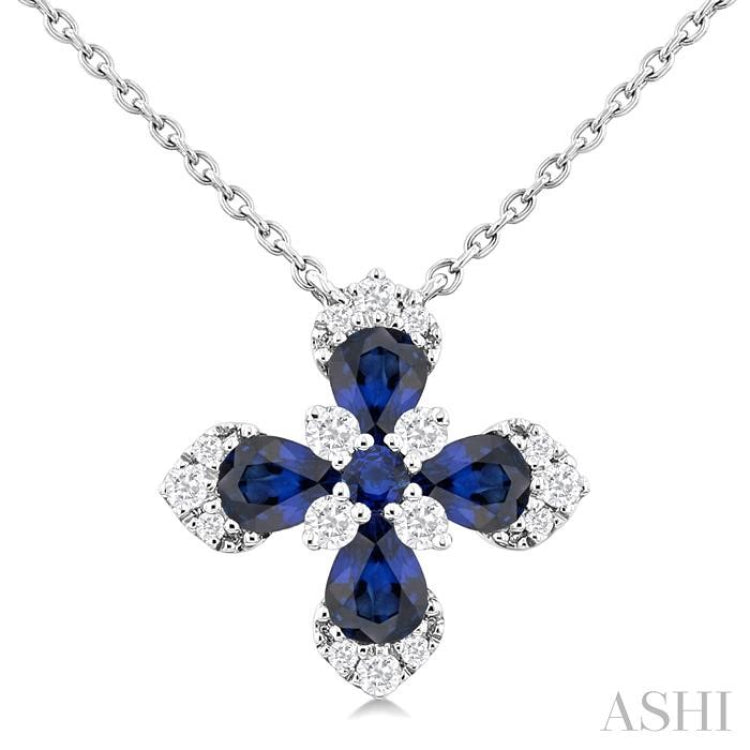 4x3 MM Pear and 2 MM Round Sapphire and 1/6 Ctw Round Cut Diamond Floral Blossom Precious Pendant With Chain in 14K white Gold