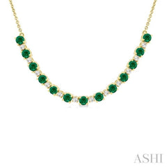 3.5 MM Round Shape Emerald and 1/2 Ctw Round Cut Diamond Precious Tennis Necklace in 14K Yellow Gold