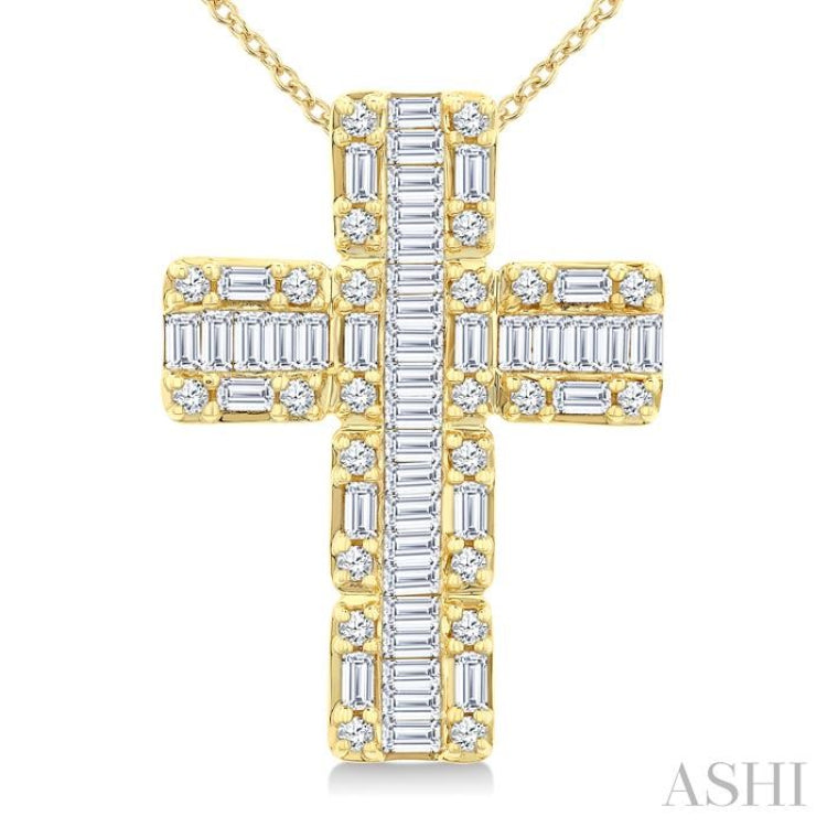 1 Ctw Fusion Baguette and Round Cut Diamond Cross Fashion Pendant With Chain in 14K Yellow Gold
