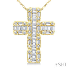 1 Ctw Fusion Baguette and Round Cut Diamond Cross Fashion Pendant With Chain in 14K Yellow Gold