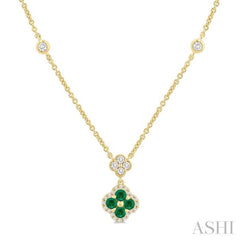2.4 MM Round Shape Emerald and 1/4 Ctw Clover Round Cut Diamond Station Necklace in 14K Yellow Gold