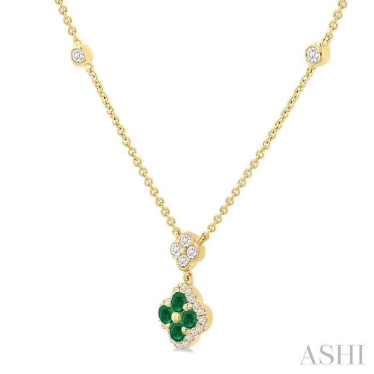 2.4 MM Round Shape Emerald and 1/4 Ctw Clover Round Cut Diamond Station Necklace in 14K Yellow Gold