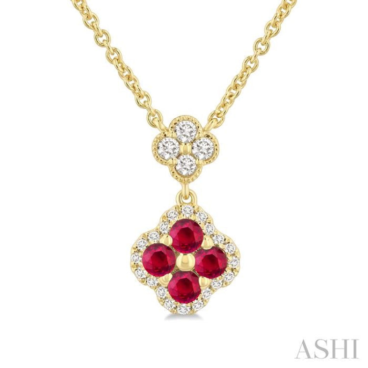 2.4 MM Round Shape Ruby and 1/4 Ctw Clover Round Cut Diamond Station Necklace in 14K Yellow Gold