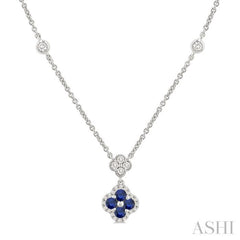 2.4 MM Round Shape Sapphire and 1/4 Ctw Clover Round Cut Diamond Station Necklace in 14K White Gold