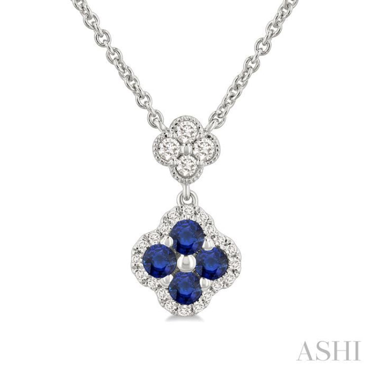 2.4 MM Round Shape Sapphire and 1/4 Ctw Clover Round Cut Diamond Station Necklace in 14K White Gold