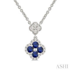 2.4 MM Round Shape Sapphire and 1/4 Ctw Clover Round Cut Diamond Station Necklace in 14K White Gold