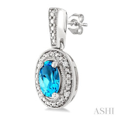 6X4 MM Oval Shape Blue Topaz and 1/50 Ctw Single Cut Diamond Semi-Precious Earrings in Sterling Silver