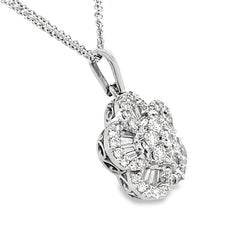 14k White Gold Floral Diamond Necklace With Double Chain