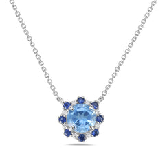 14k White Gold Solitare Blue Topaz, Sapphire, and Diamond Necklace