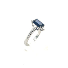 14k White Gold Sapphire Emerald Cut & Diamond Ring Size 5.5