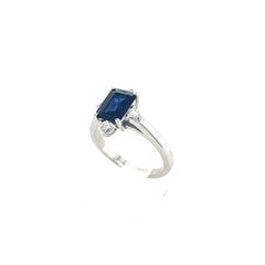 14k White Gold Sapphire Emerald Cut & Diamond Ring Size 5.5